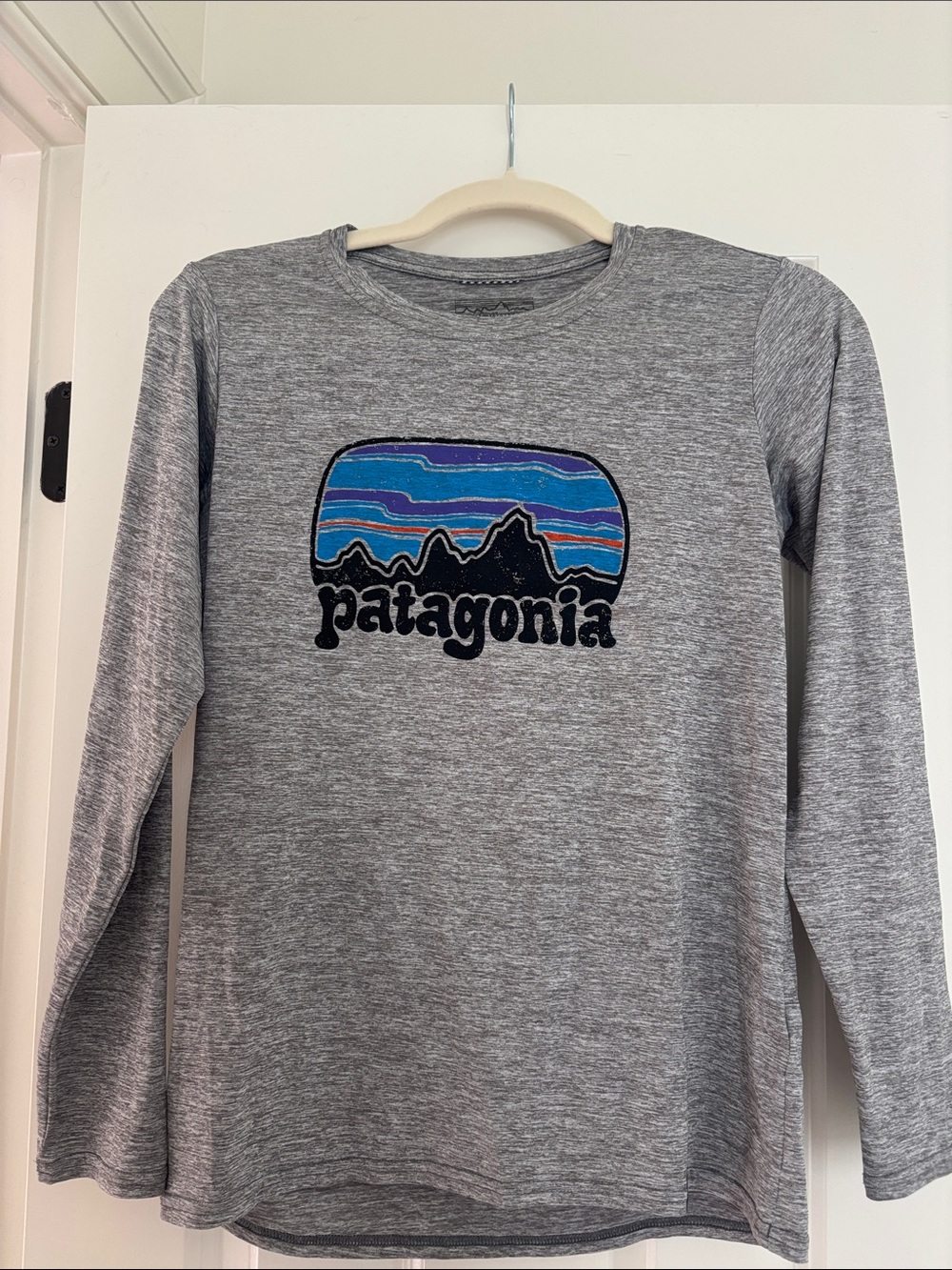Patagonia Kids Long-Sleeve Gray Tee with Blue Stripe Mountain Logo